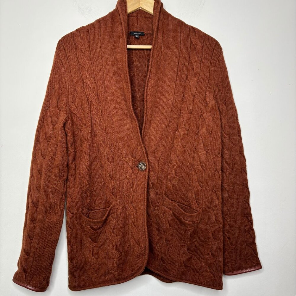 Talbots Wool Blend Cable Knit Cardigan Sweater M Brown Faux Leather Trim - Picture 12 of 14